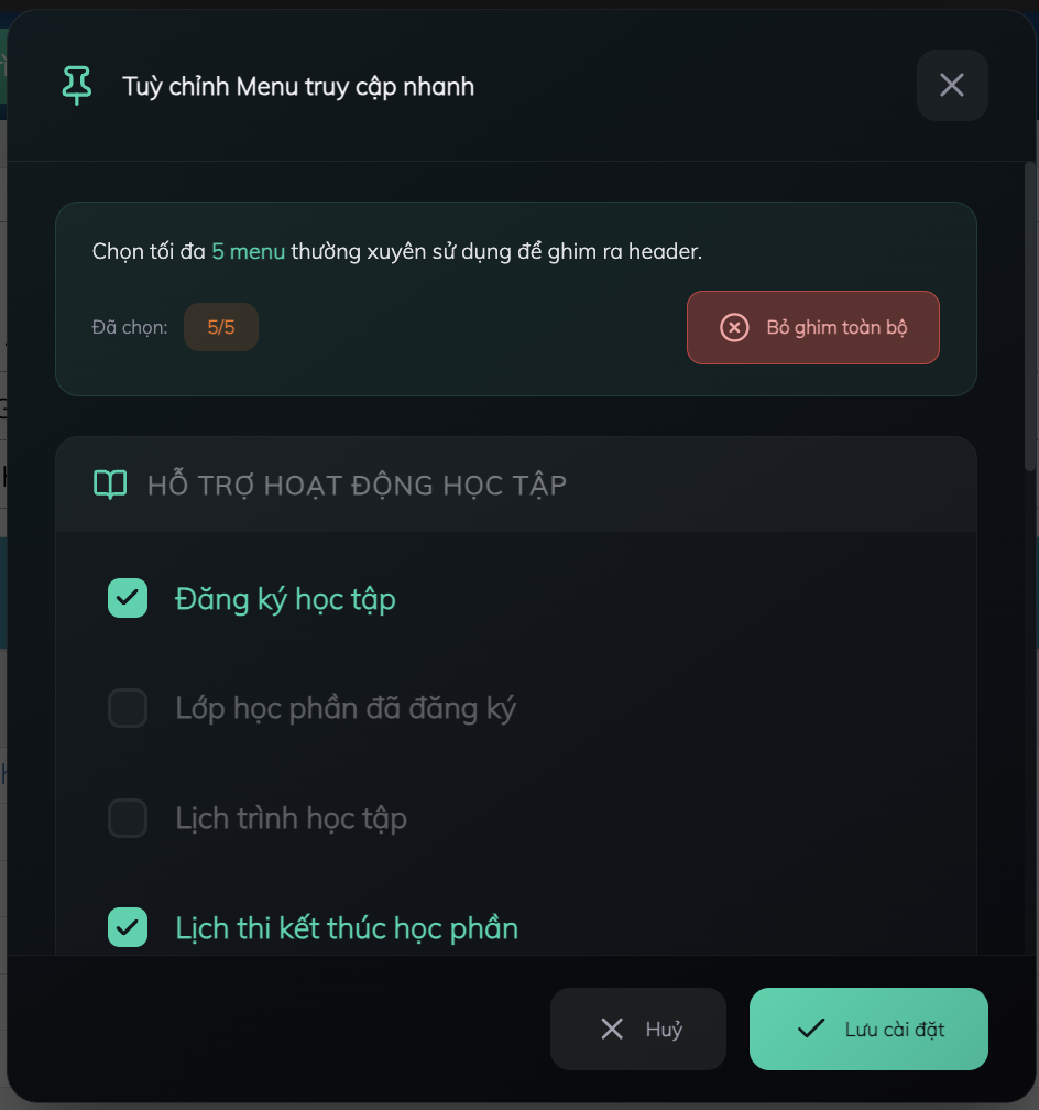 Menu truy cập nhanh trên header