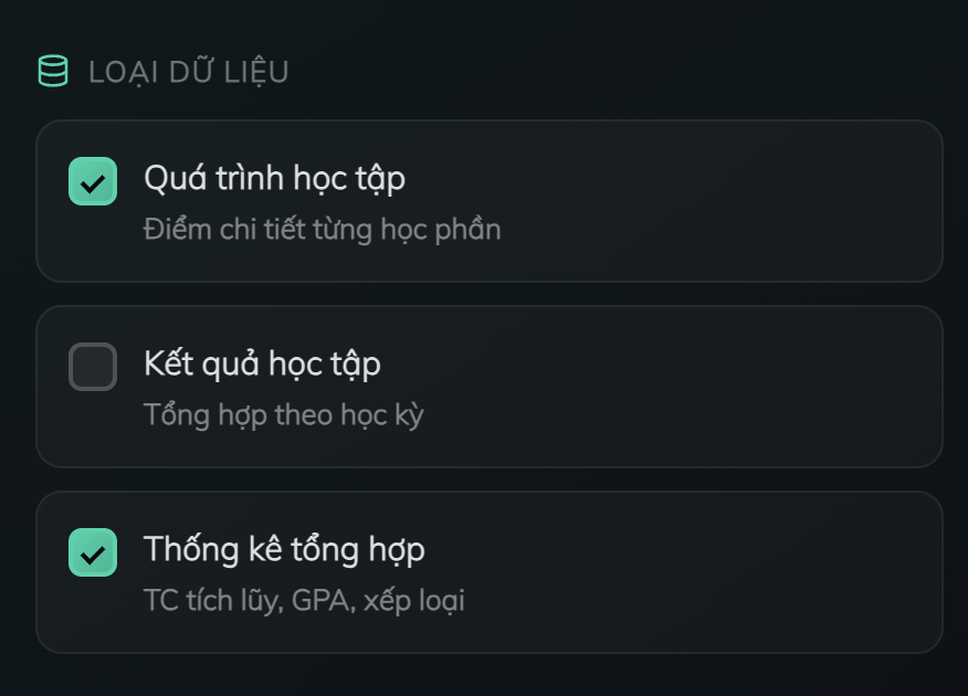 Chọn loại dữ liệu cần xuất