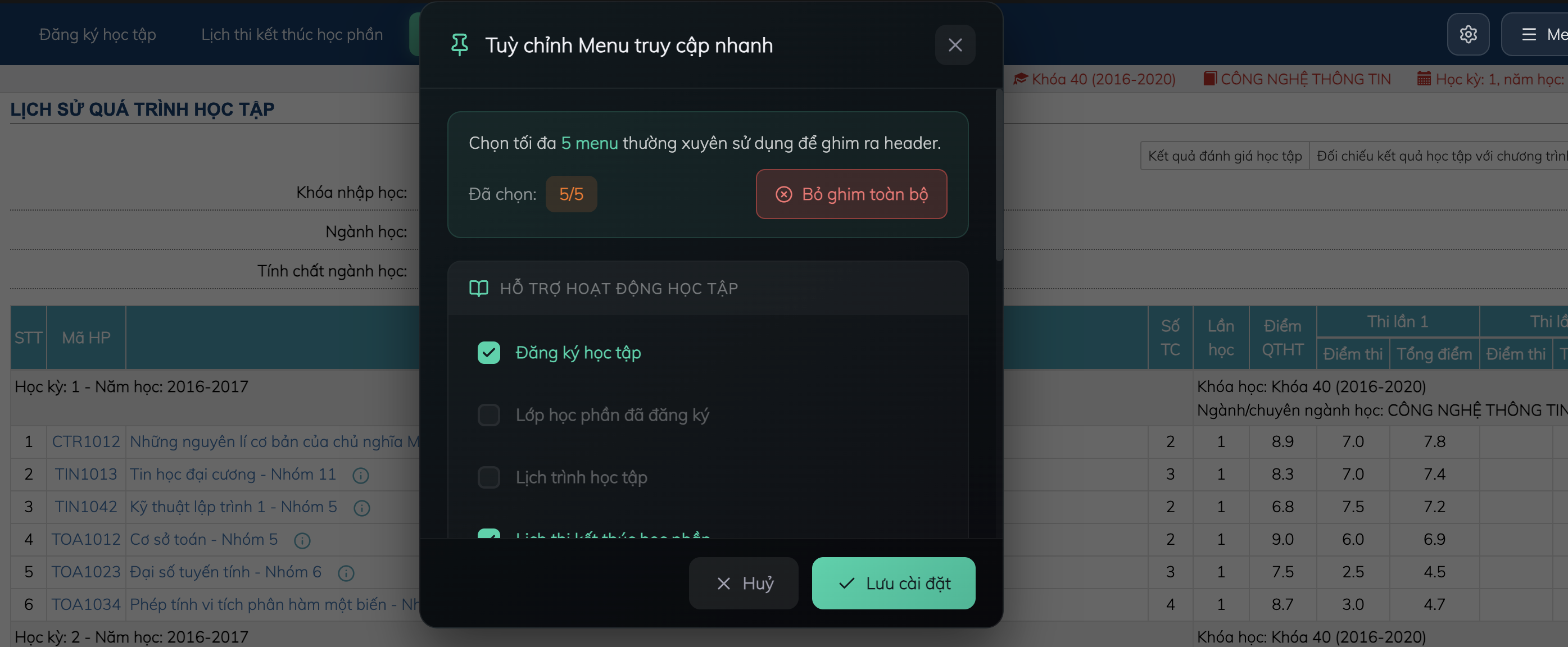Modal chọn menu để ghim