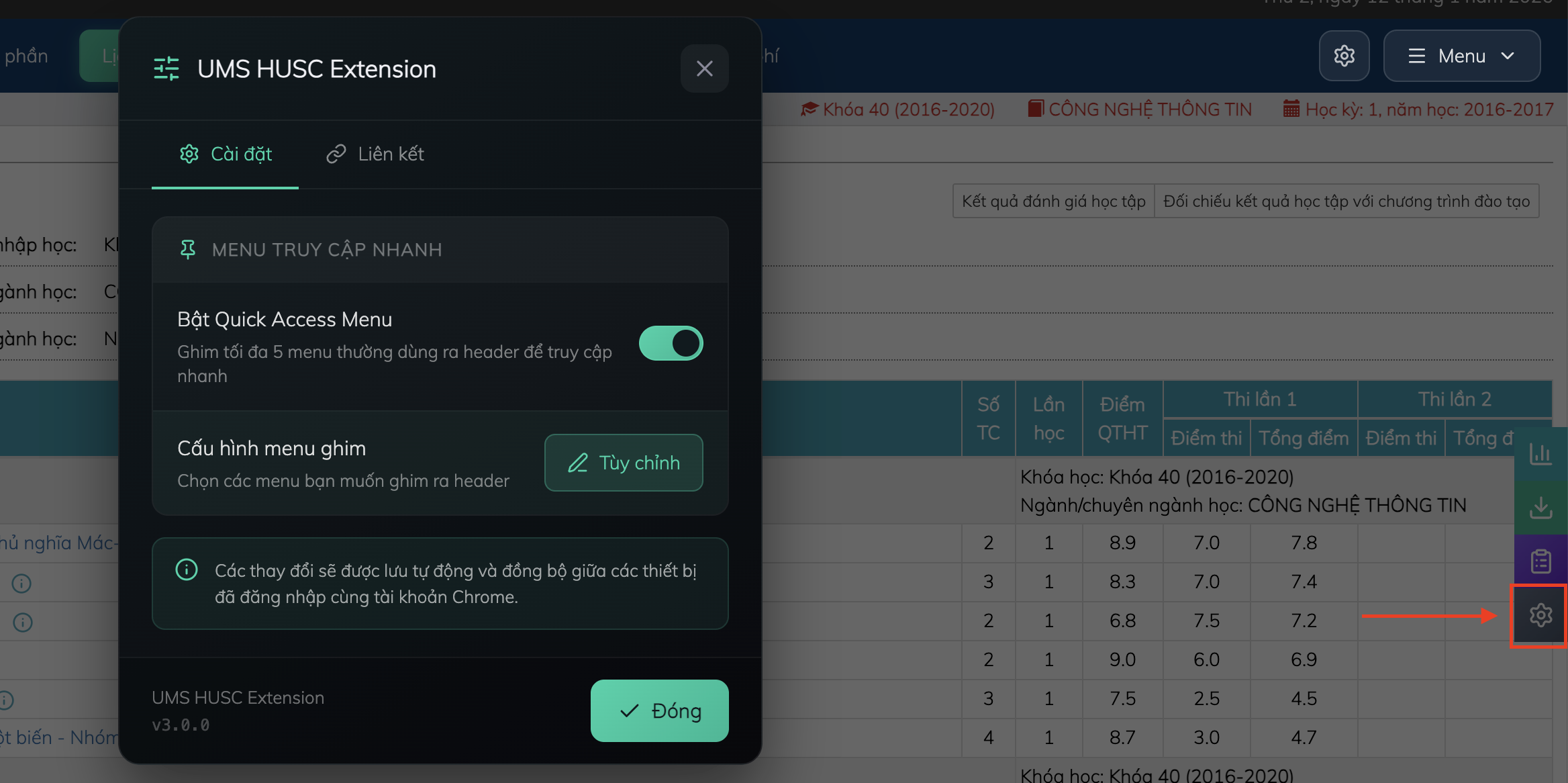 Nút Settings trên Toolbox
