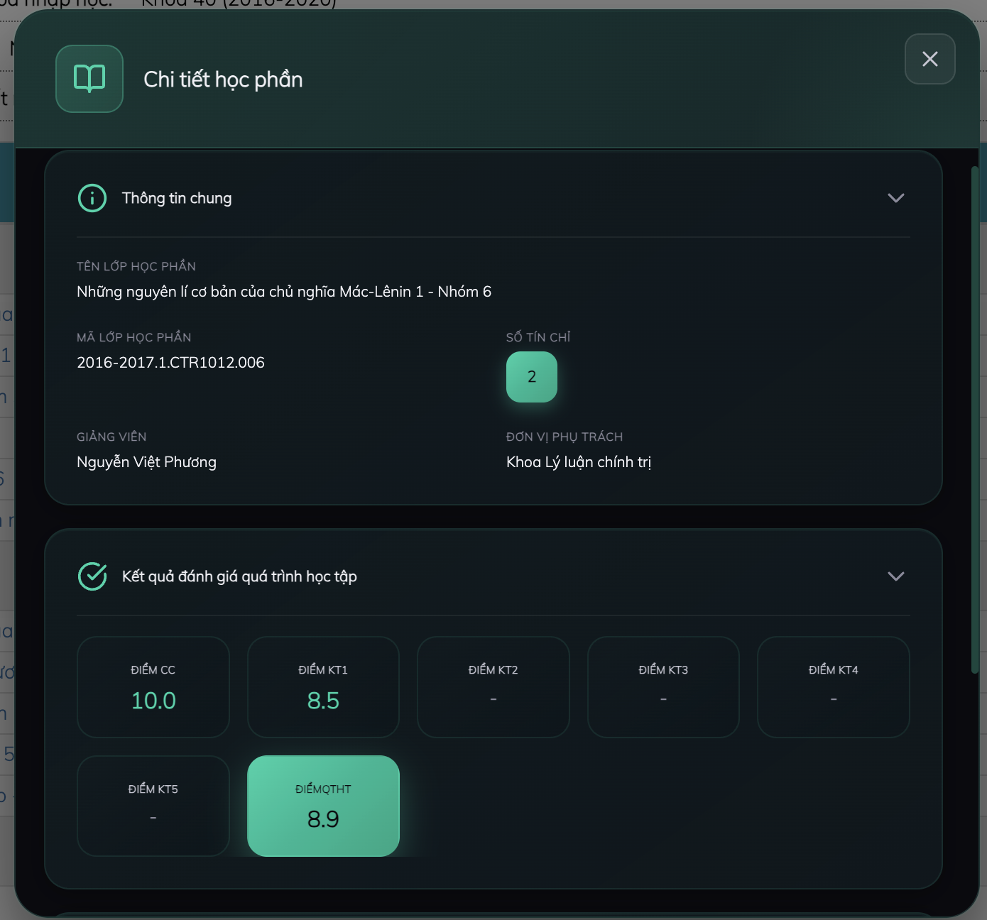 Popup điểm thành phần
